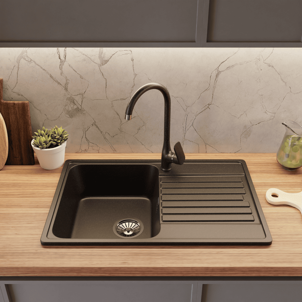 Кухонная мойка GRANFEST QUARZ Z-78 черный + сифон - фото3