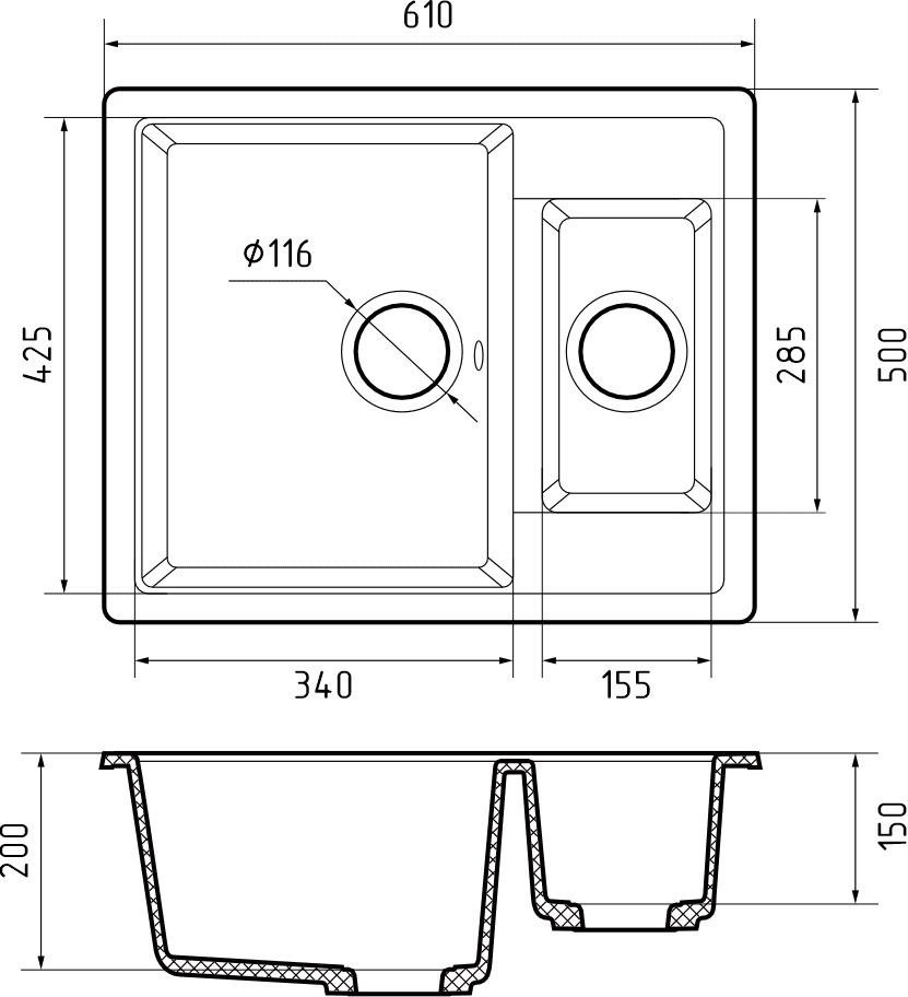 Кухонная мойка GRANFEST QUADRO Q-610K графит - фото3