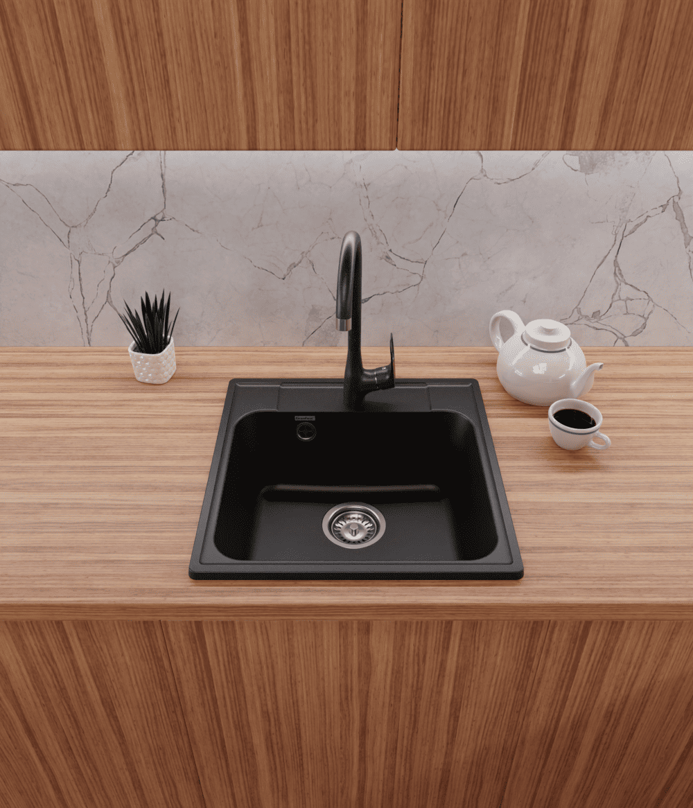 Кухонная мойка GRANFEST QUARZ Z-48 черный + сифон - фото3