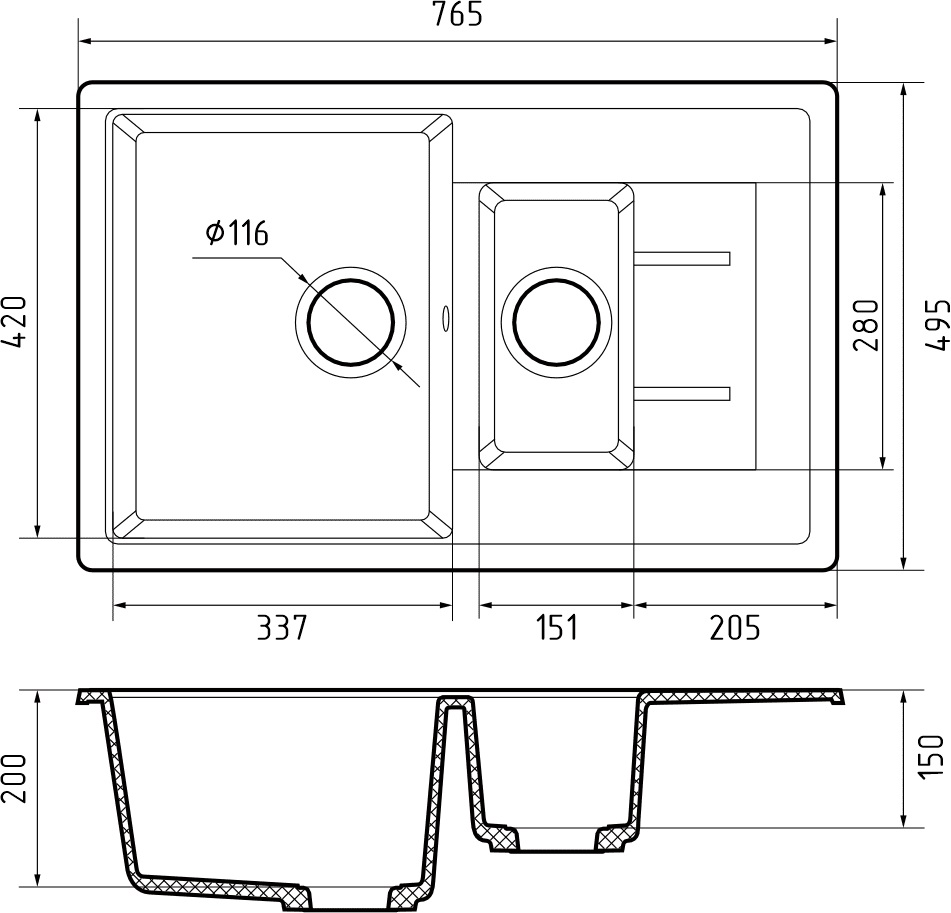 Кухонная мойка GRANFEST QUADRO Q-775KL песочный - фото3