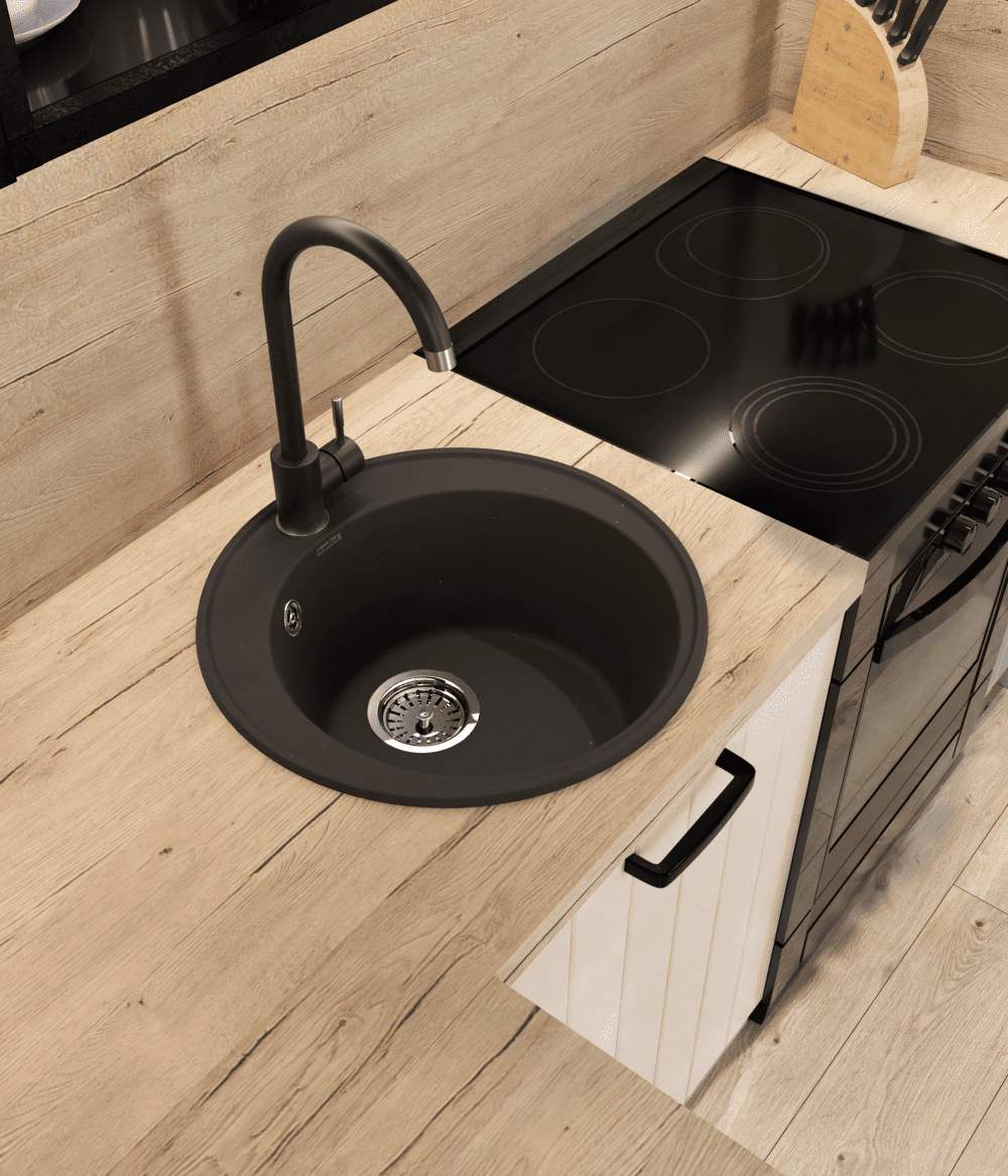Кухонная мойка GRANFEST QUARZ Z-08 черный + сифон - фото3